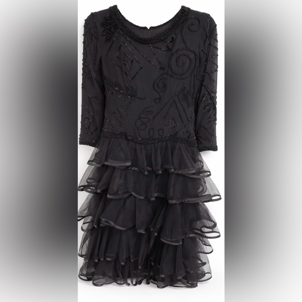 Oleg Cassini Black Tie Beaded Dress | Vintage Tiered Ruffle Formal Evening Gown